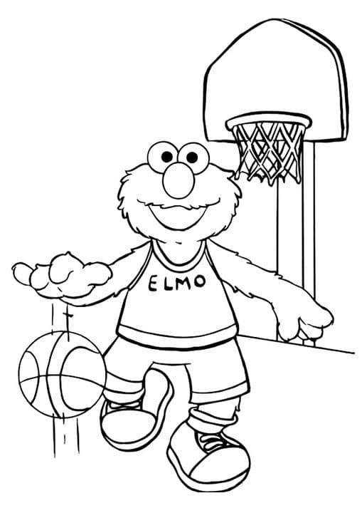 Elmo playing happily with busketball